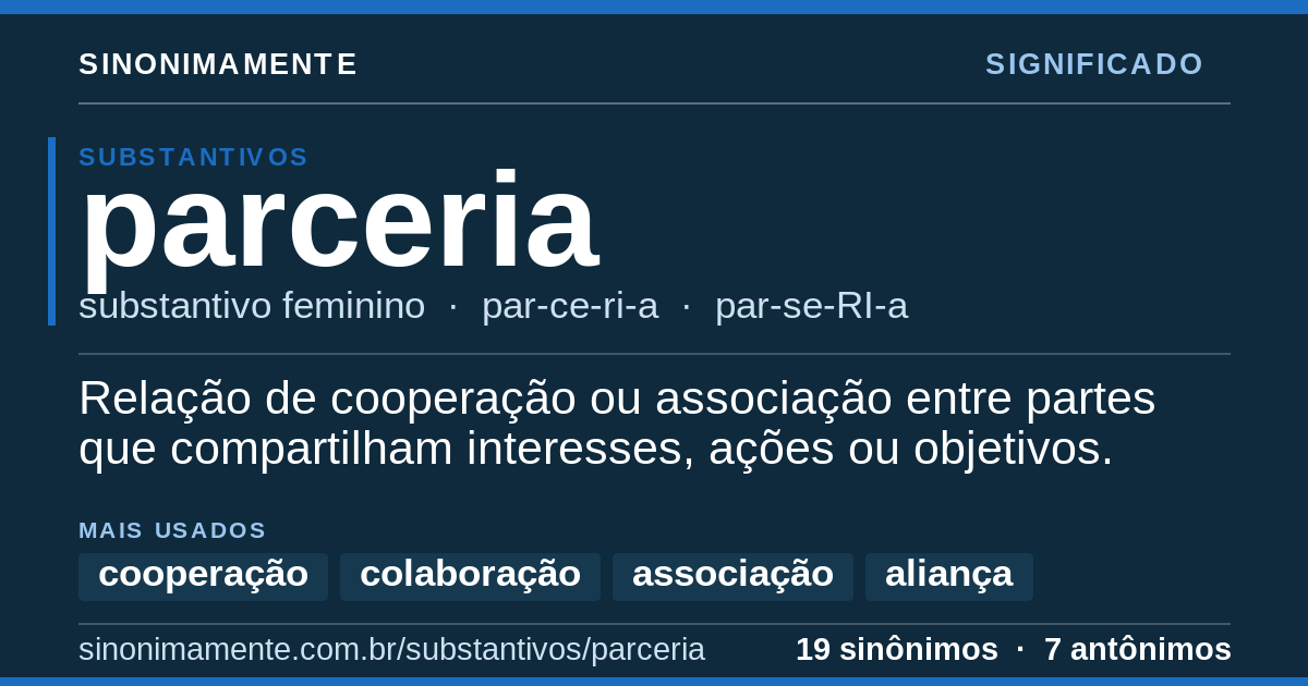 Significado de parceria: cartão do verbete com 19 sinônimos