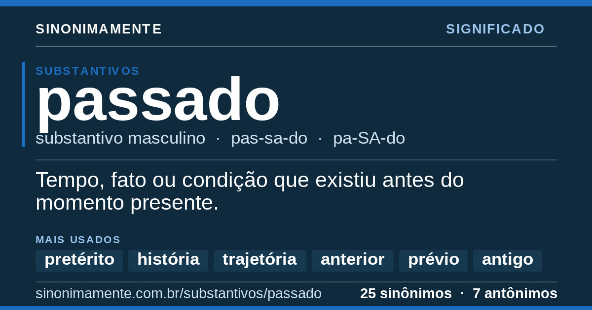 Significado de passado: cartão do verbete com 25 sinônimos