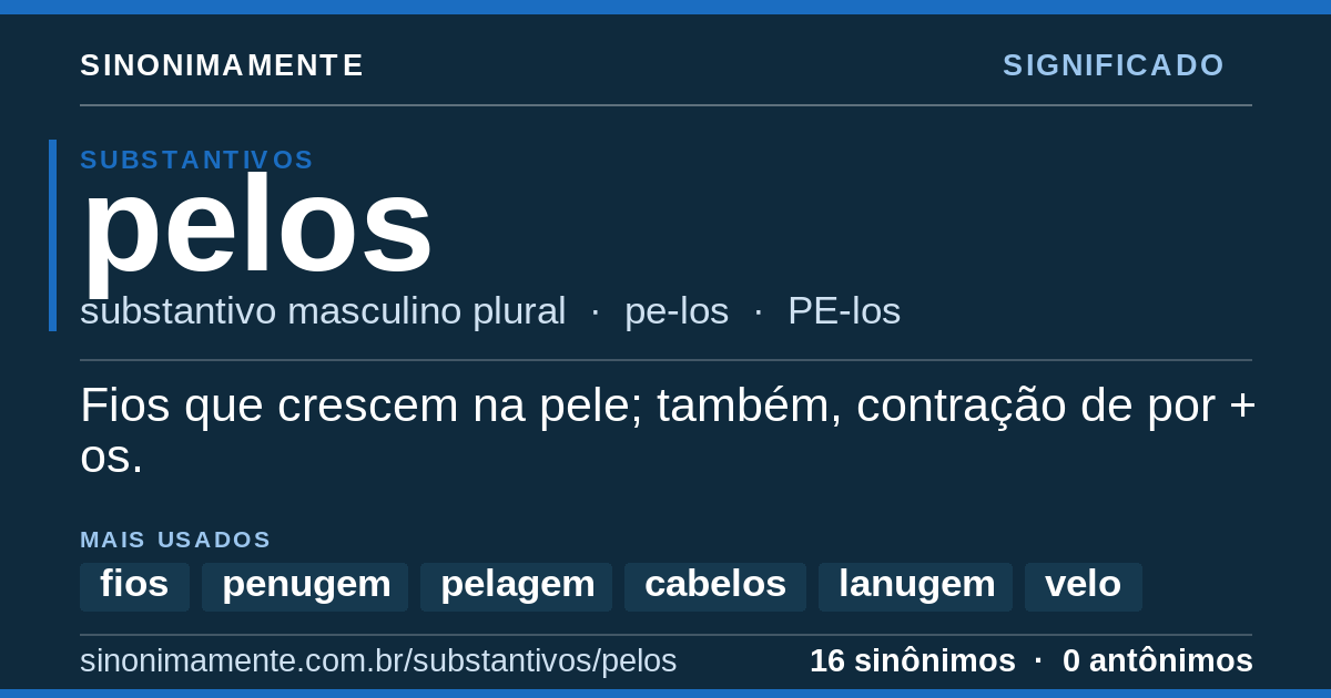 Significado de pelos: cartão do verbete com 16 sinônimos
