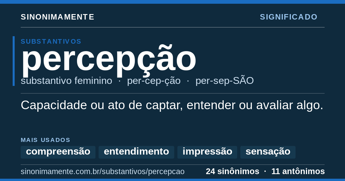 Significado de percepção: cartão do verbete com 24 sinônimos