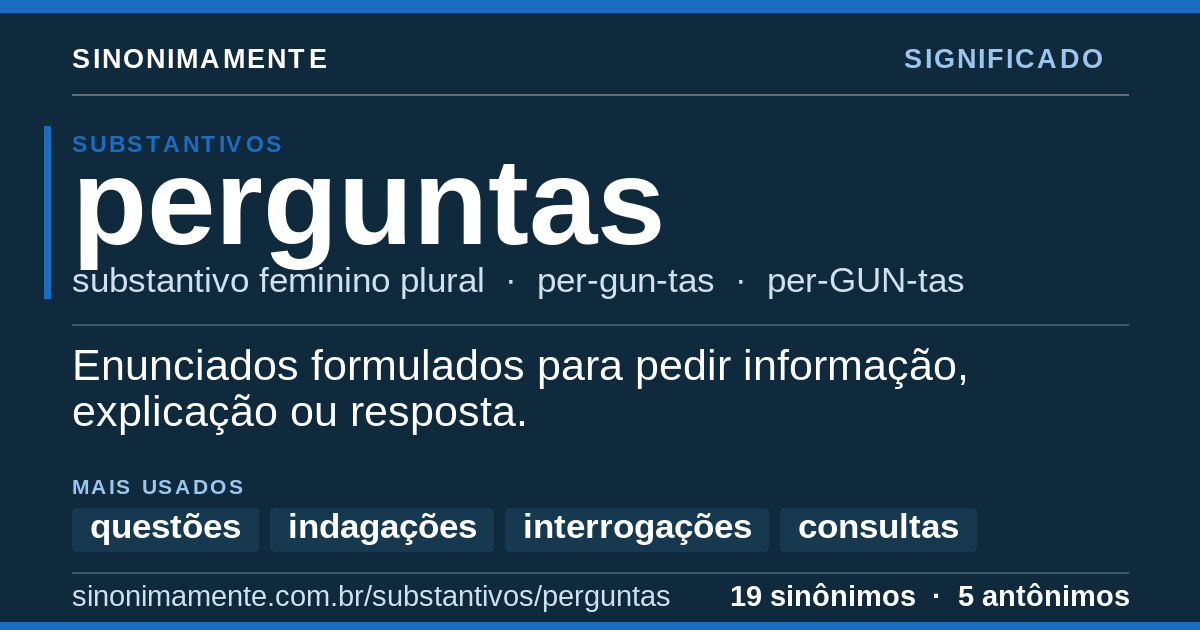 Significado de perguntas: cartão do verbete com 19 sinônimos