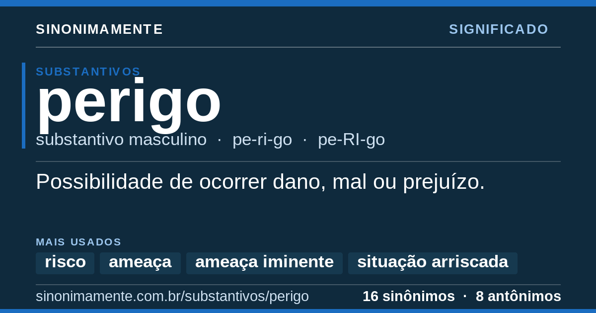 Significado de perigo: cartão do verbete com 16 sinônimos