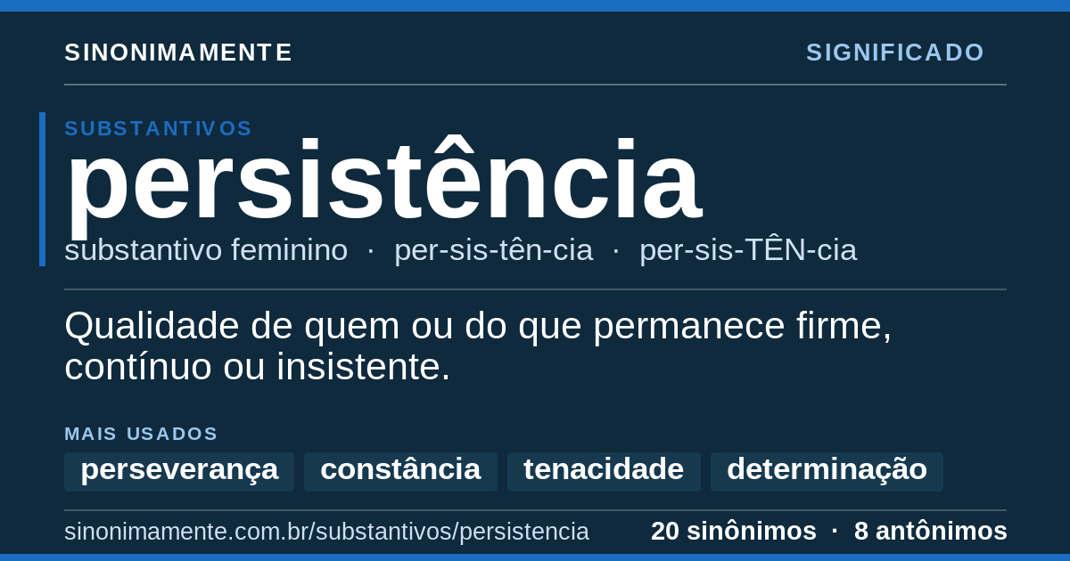 Significado de persistência: cartão do verbete com 20 sinônimos