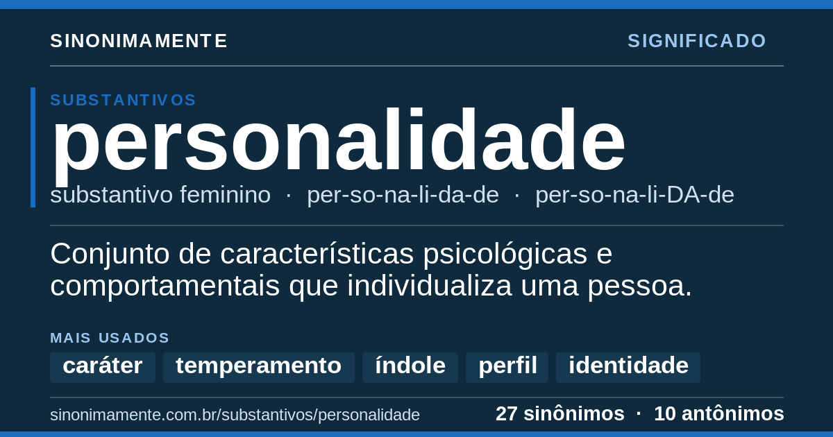 Significado de personalidade: cartão do verbete com 27 sinônimos