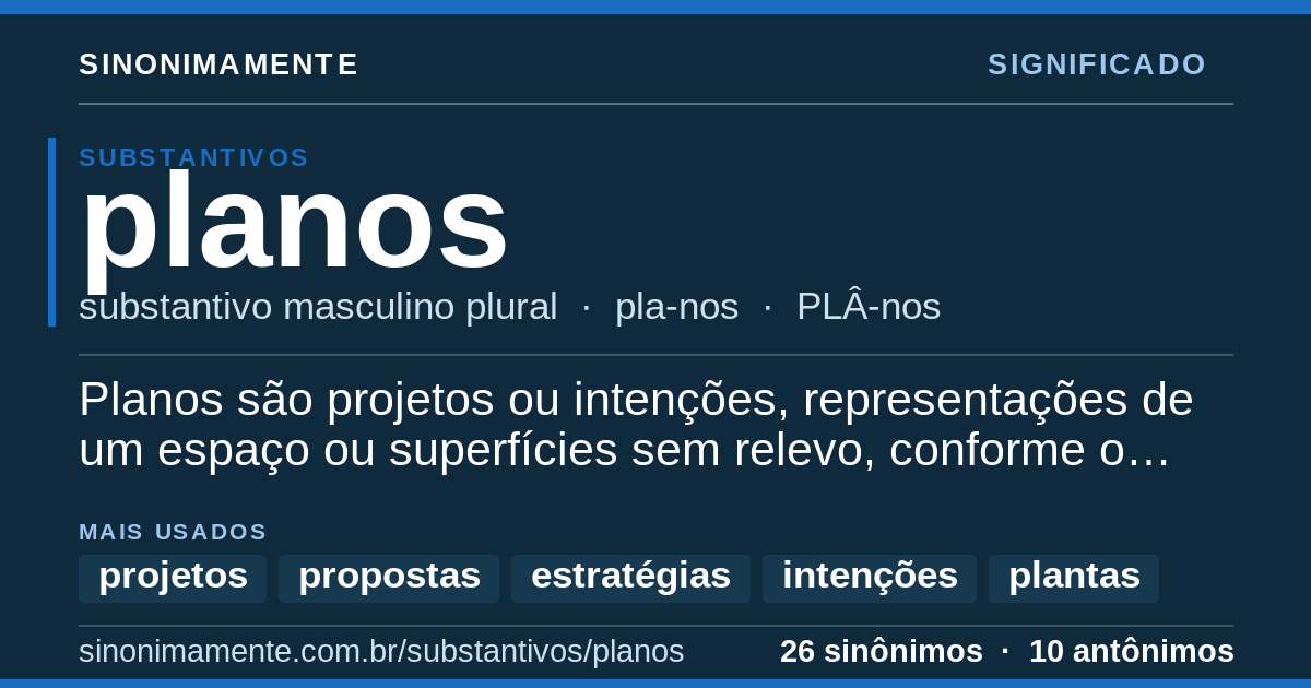 Significado de planos: cartão do verbete com 26 sinônimos