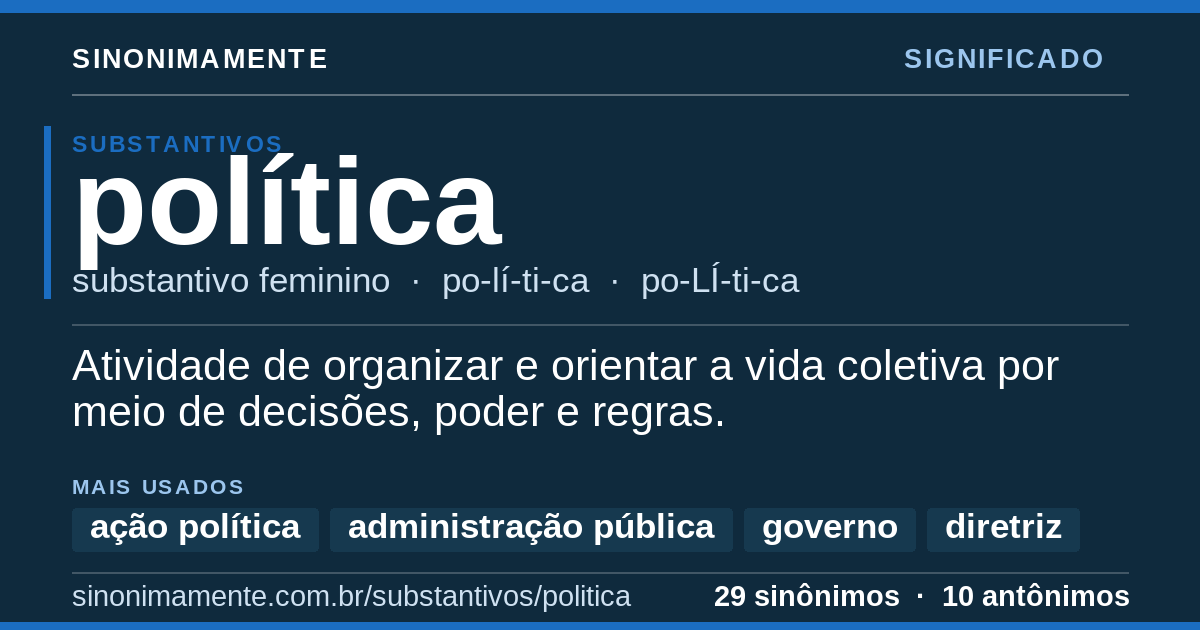Significado de política: cartão do verbete com 29 sinônimos