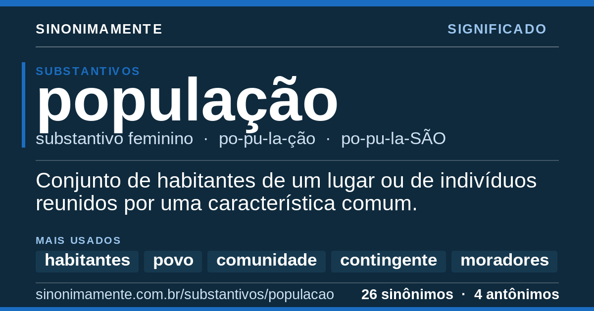 Significado de população: cartão do verbete com 26 sinônimos