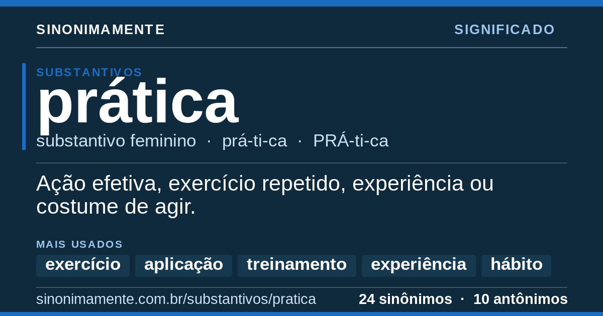 Significado de prática: cartão do verbete com 24 sinônimos
