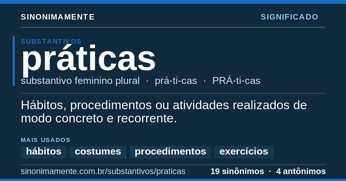 Significado de práticas: cartão do verbete com 19 sinônimos