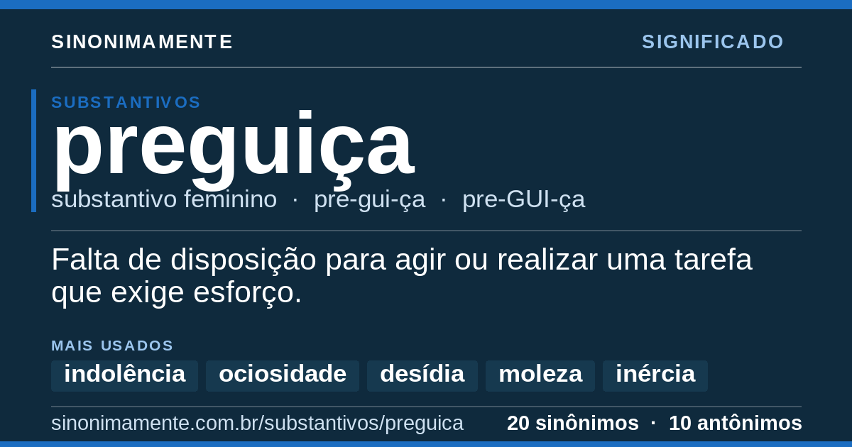 Significado de preguiça: cartão do verbete com 20 sinônimos