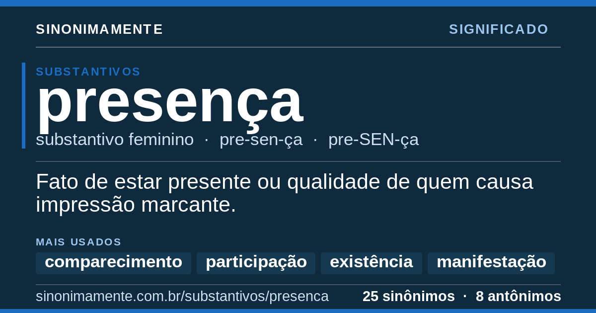 Significado de presença: cartão do verbete com 25 sinônimos