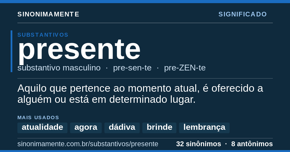 Significado de presente: cartão do verbete com 32 sinônimos