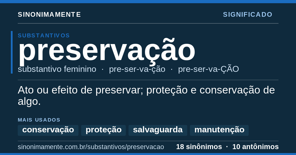 Significado de preservação: cartão do verbete com 18 sinônimos