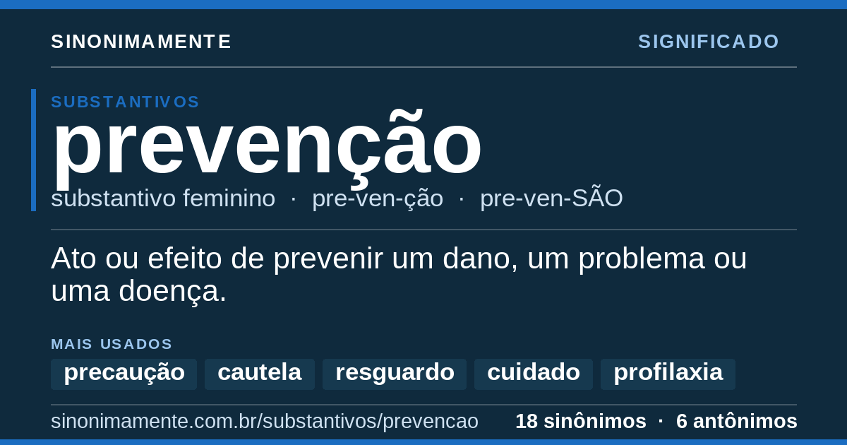 Significado de prevenção: cartão do verbete com 18 sinônimos