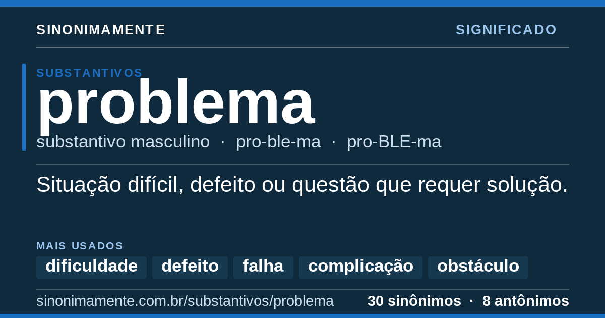 Significado de problema: cartão do verbete com 30 sinônimos