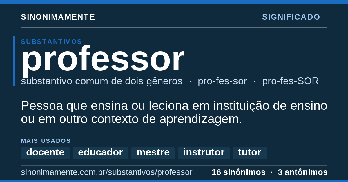 Significado de professor: cartão do verbete com 16 sinônimos