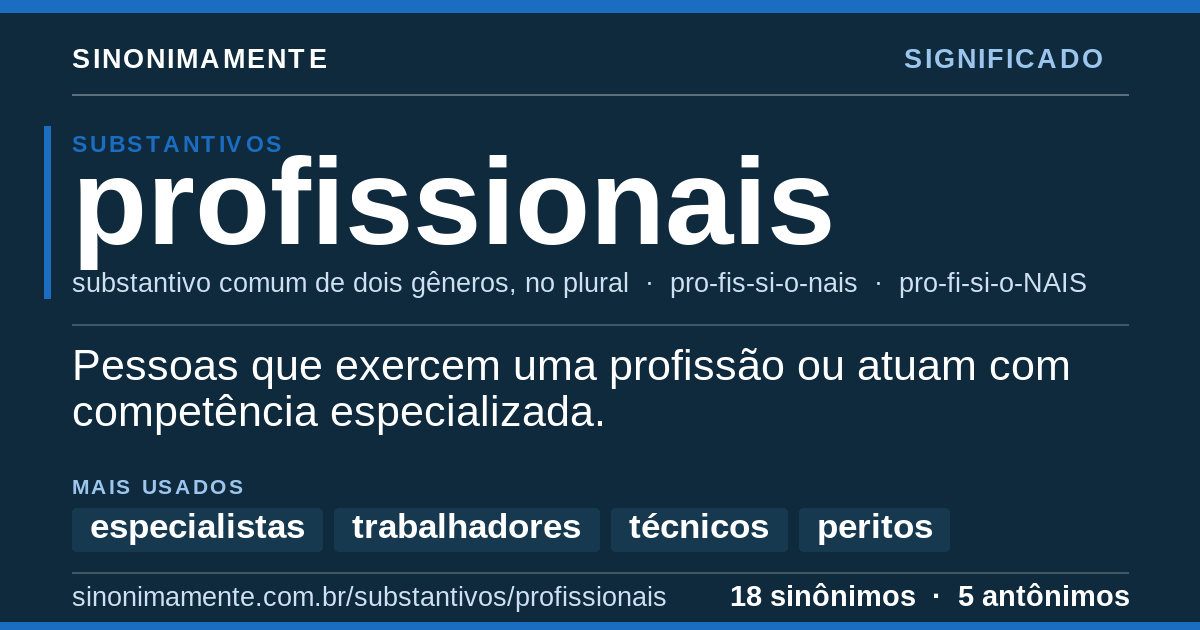 Significado de profissionais: cartão do verbete com 18 sinônimos
