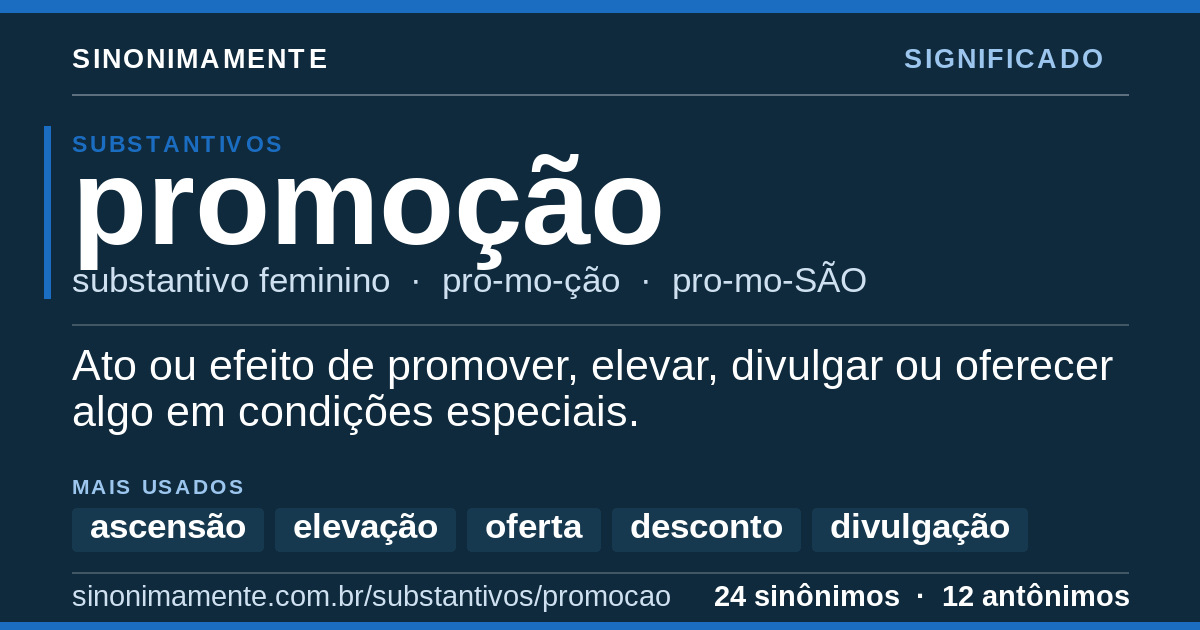 Significado de promoção: cartão do verbete com 24 sinônimos