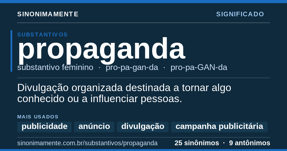 Significado de propaganda: cartão do verbete com 25 sinônimos