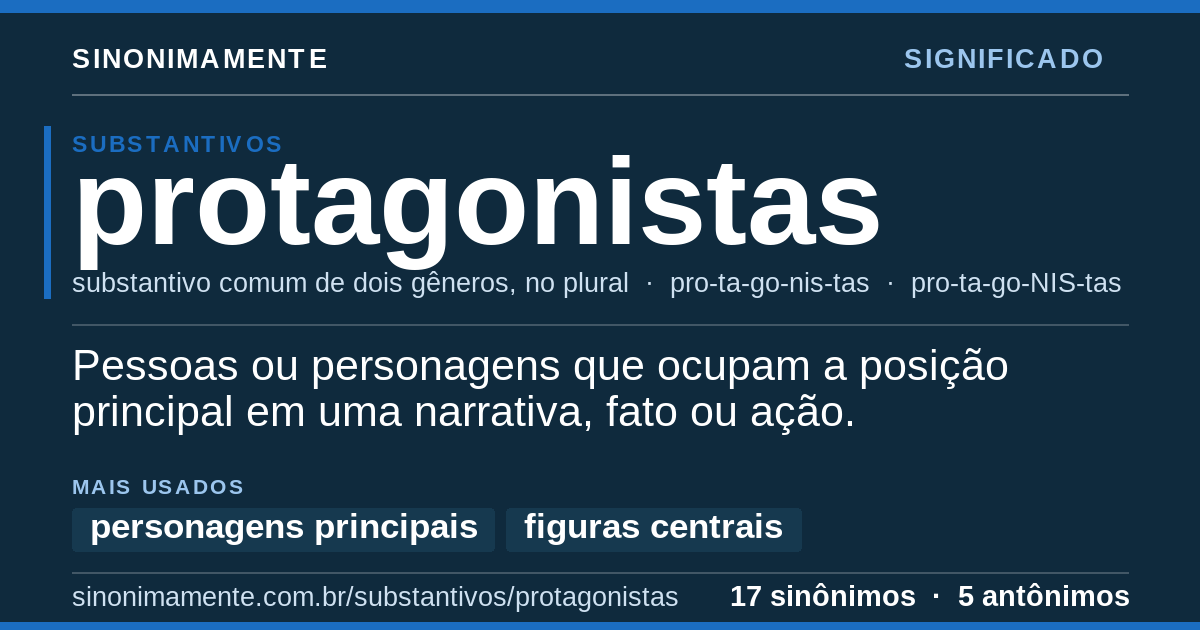 Significado de protagonistas: cartão do verbete com 17 sinônimos