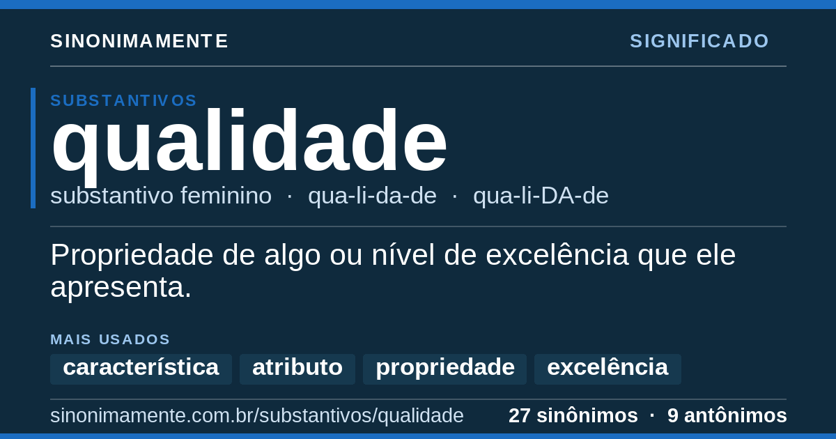 Significado de qualidade: cartão do verbete com 27 sinônimos