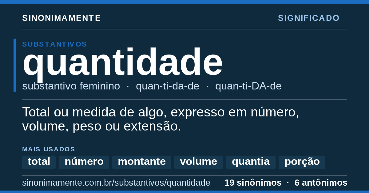 Significado de quantidade: cartão do verbete com 19 sinônimos