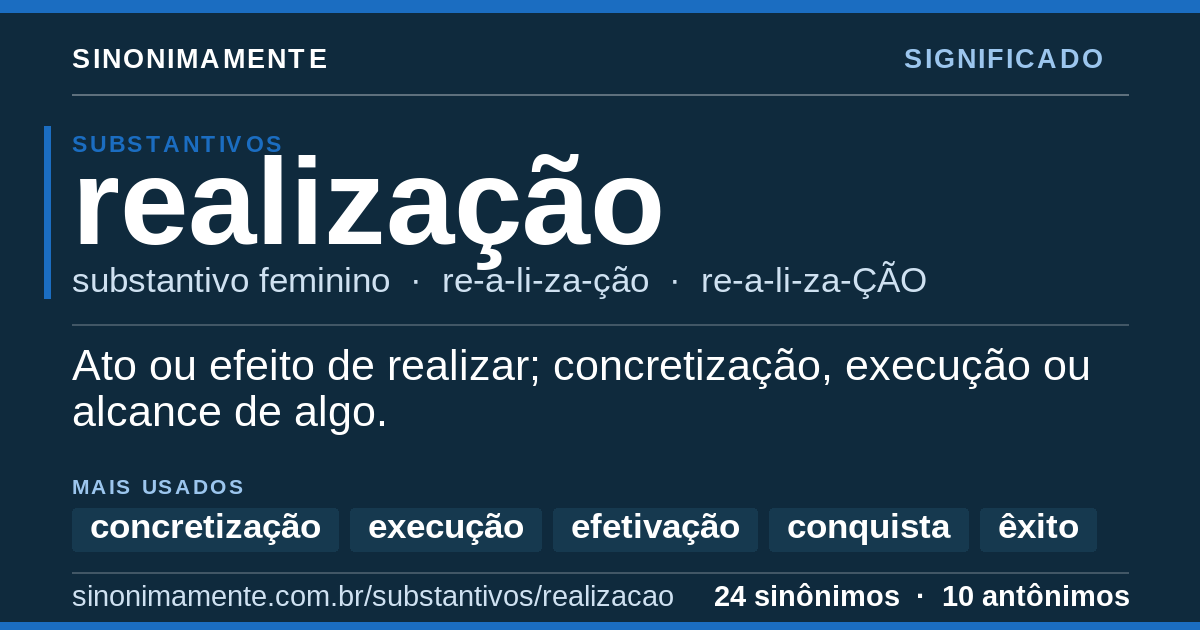 Significado de realização: cartão do verbete com 24 sinônimos