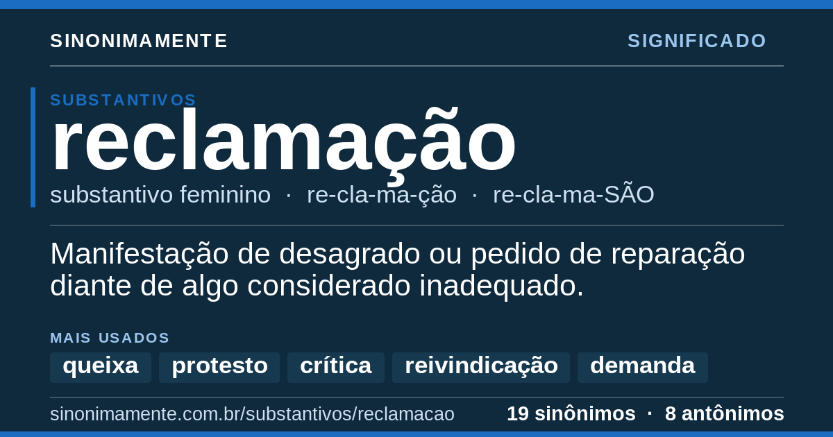 Significado de reclamação: cartão do verbete com 19 sinônimos