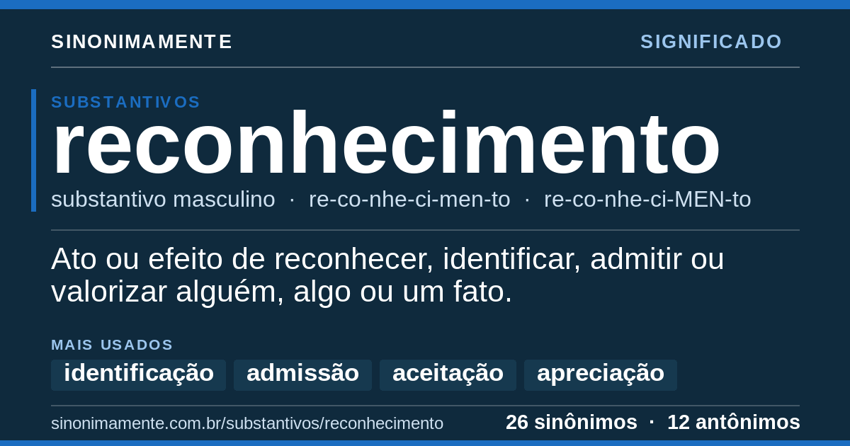 Significado de reconhecimento: cartão do verbete com 26 sinônimos