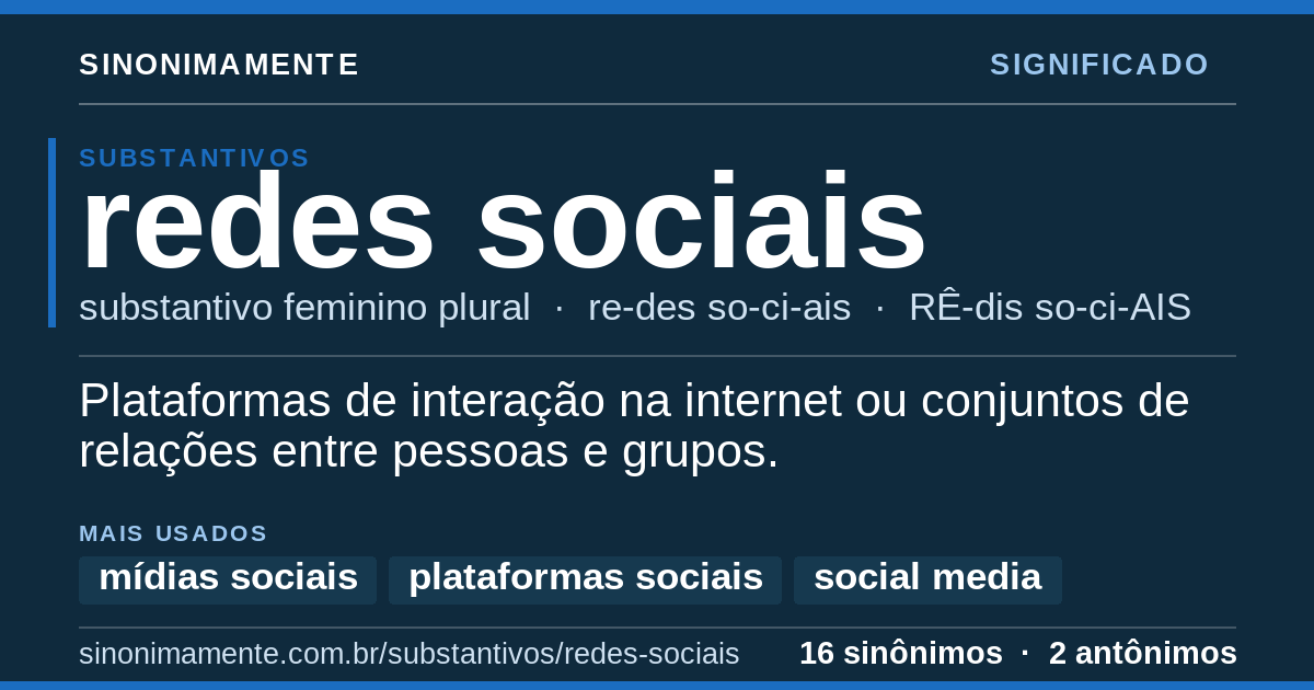 Significado de redes sociais: cartão do verbete com 16 sinônimos