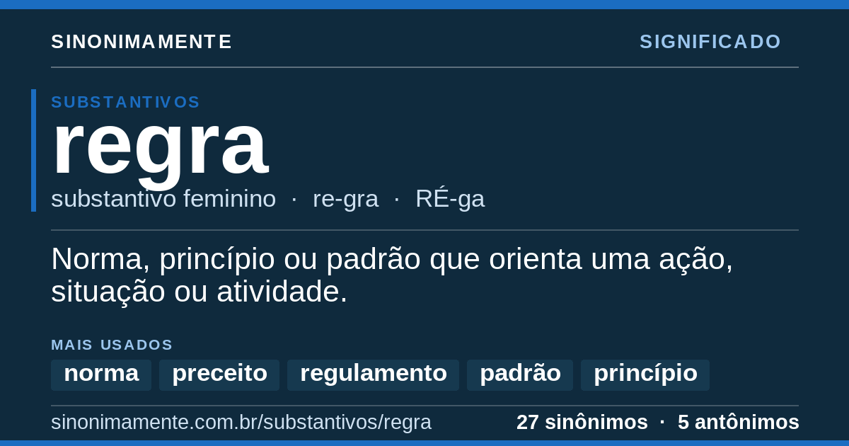 Significado de regra: cartão do verbete com 27 sinônimos