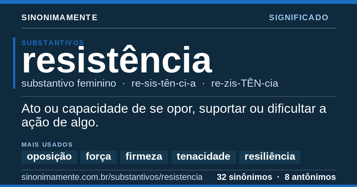Significado de resistência: cartão do verbete com 32 sinônimos