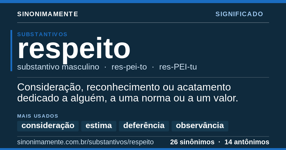 Significado de respeito: cartão do verbete com 26 sinônimos
