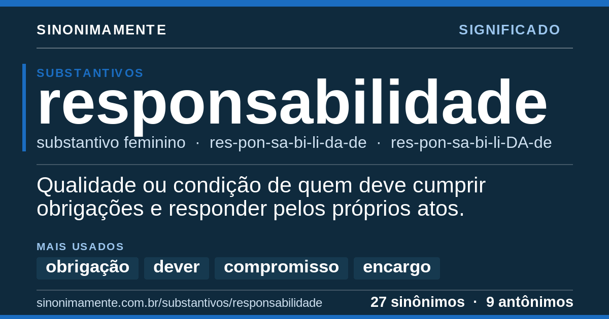Significado de responsabilidade: cartão do verbete com 27 sinônimos