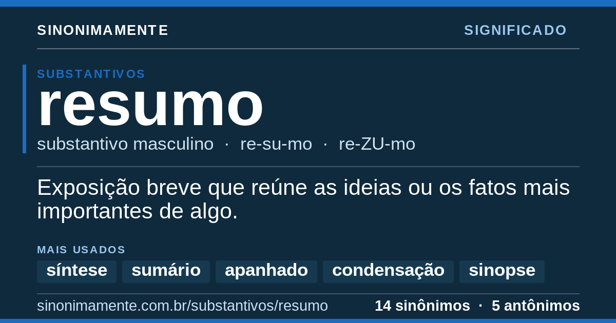 Significado de resumo: cartão do verbete com 14 sinônimos