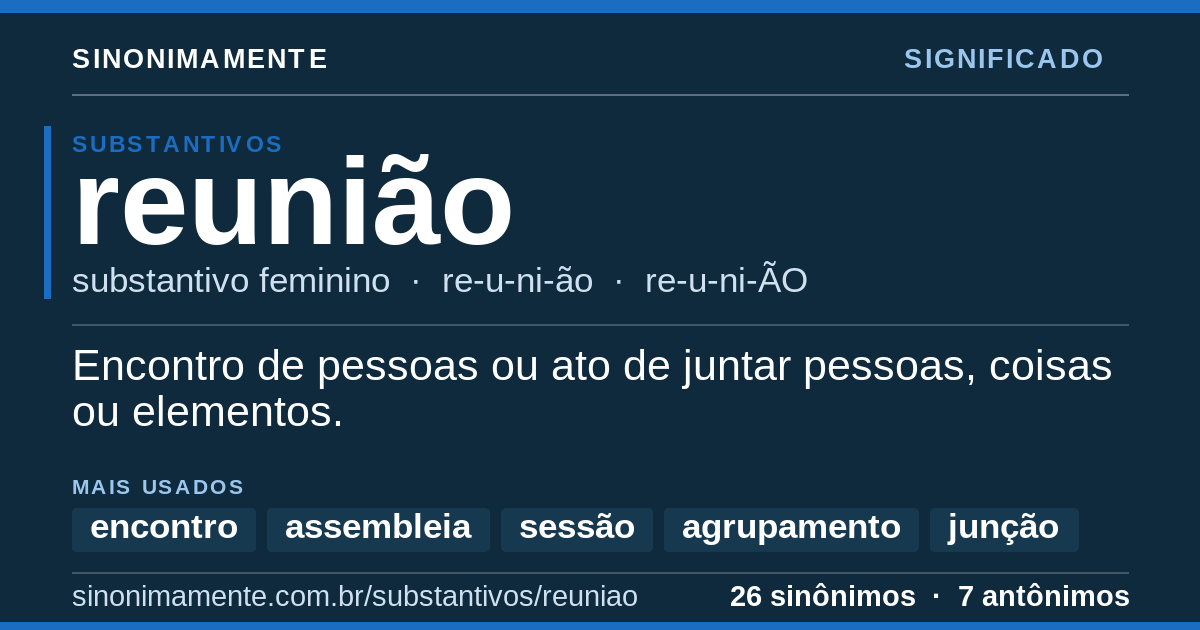Significado de reunião: cartão do verbete com 26 sinônimos