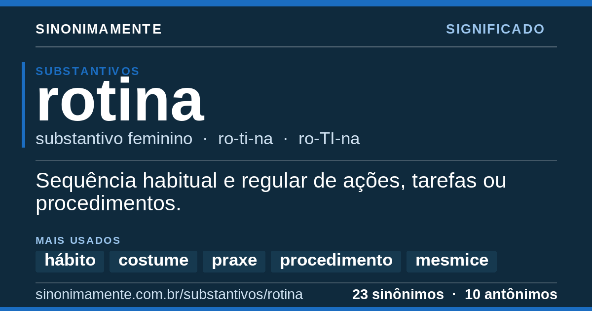 Significado de rotina: cartão do verbete com 23 sinônimos