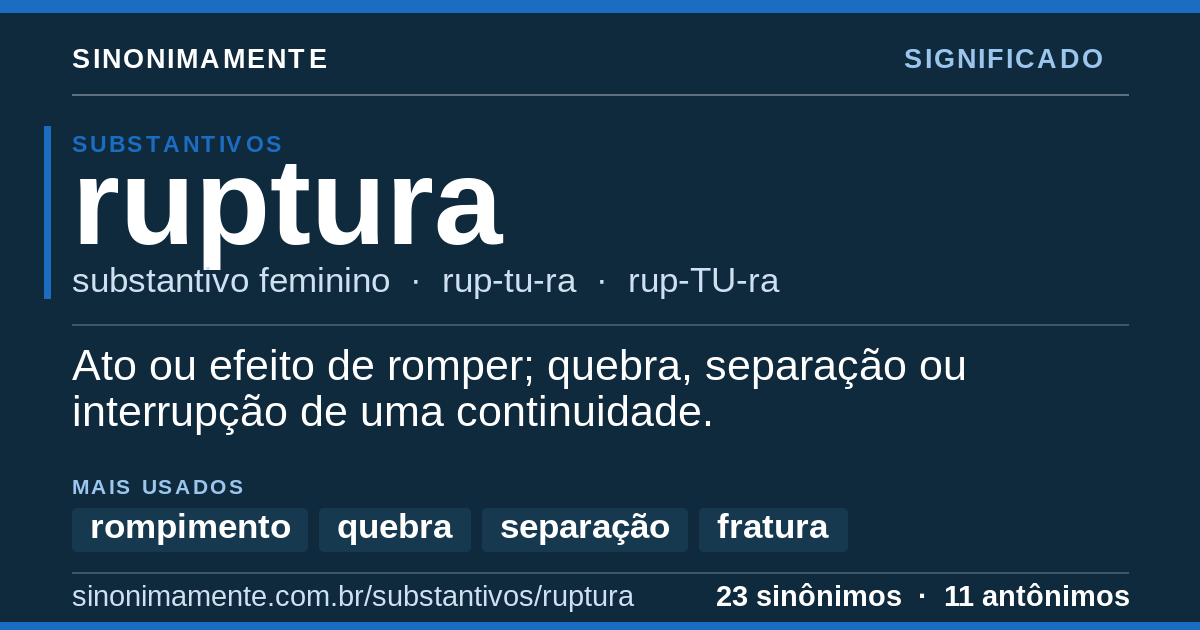 Significado de ruptura: cartão do verbete com 23 sinônimos