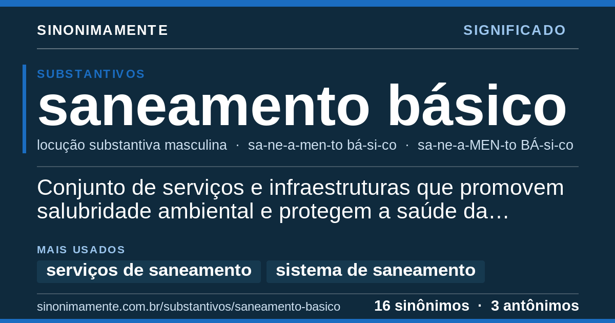 Significado de saneamento básico: cartão do verbete com 16 sinônimos