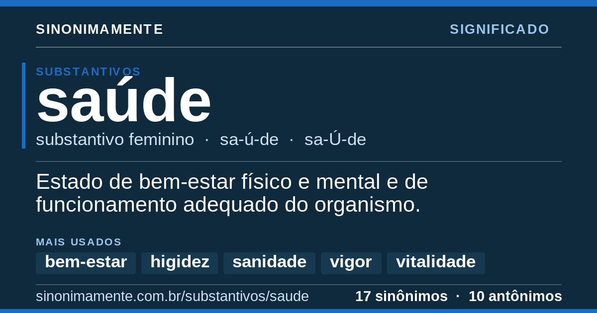 Significado de saúde: cartão do verbete com 17 sinônimos