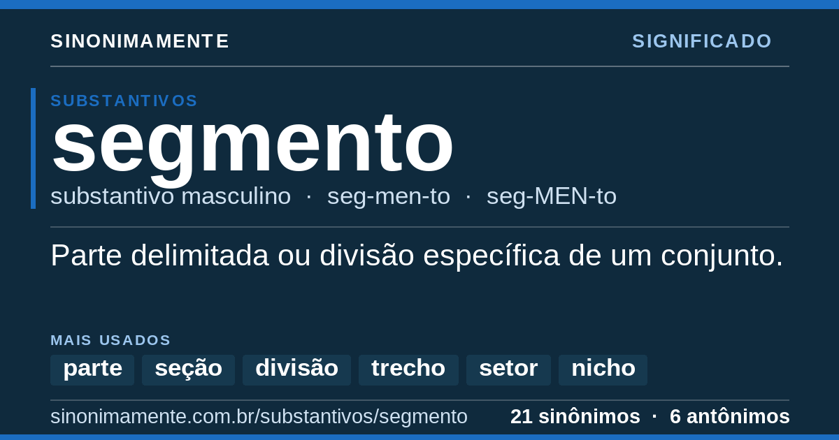 Significado de segmento: cartão do verbete com 21 sinônimos