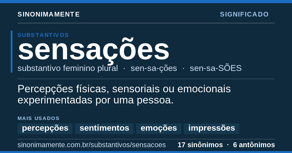 Significado de sensações: cartão do verbete com 17 sinônimos