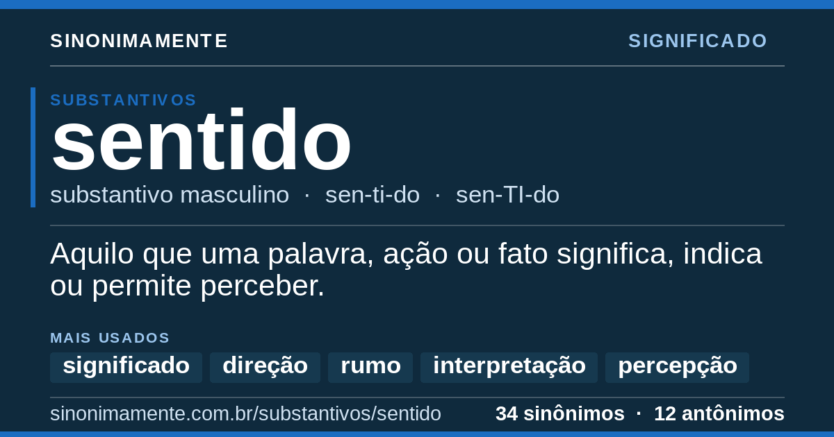 Significado de sentido: cartão do verbete com 34 sinônimos