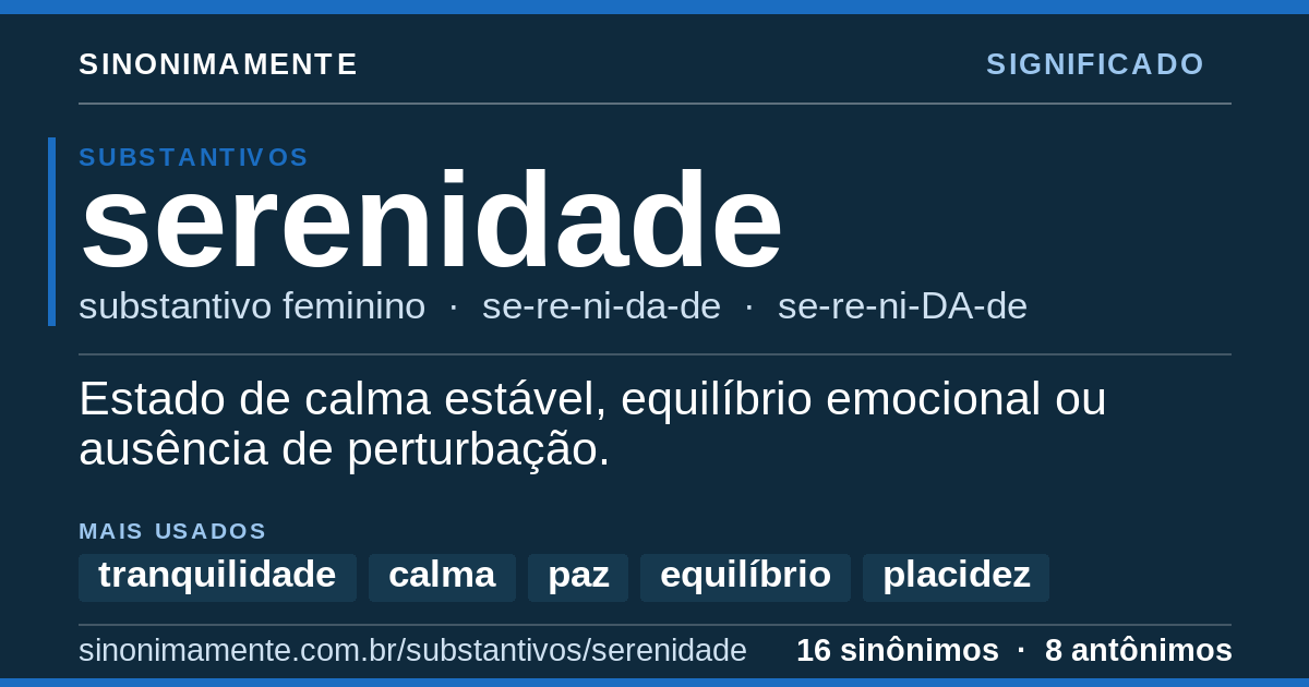 Significado de serenidade: cartão do verbete com 16 sinônimos