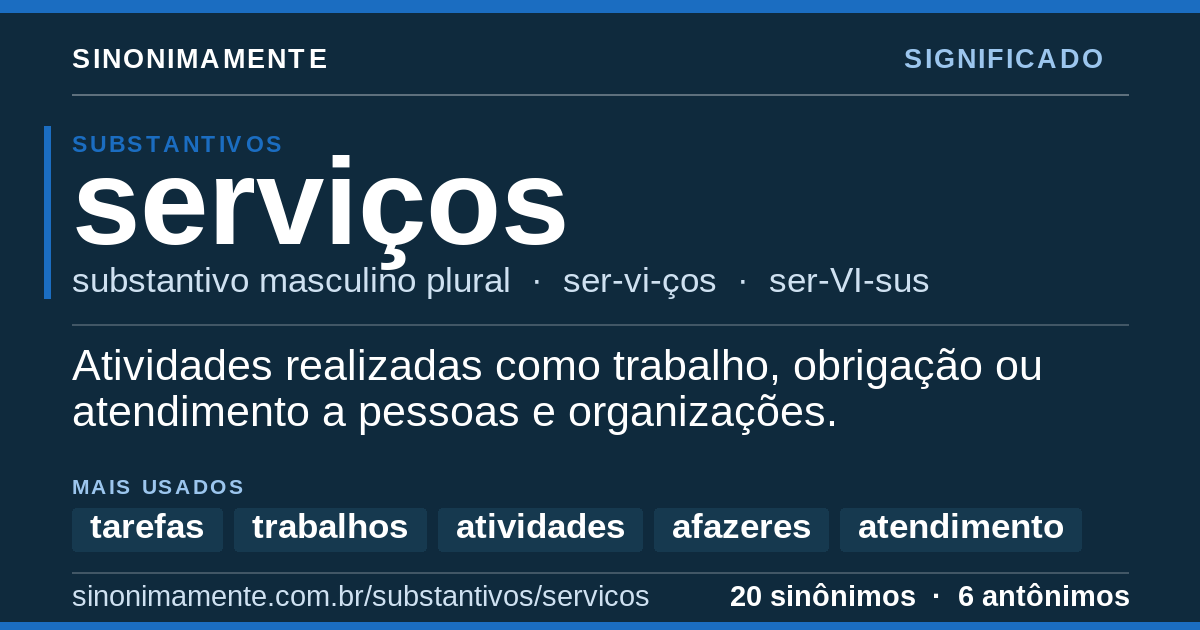 Significado de serviços: cartão do verbete com 20 sinônimos