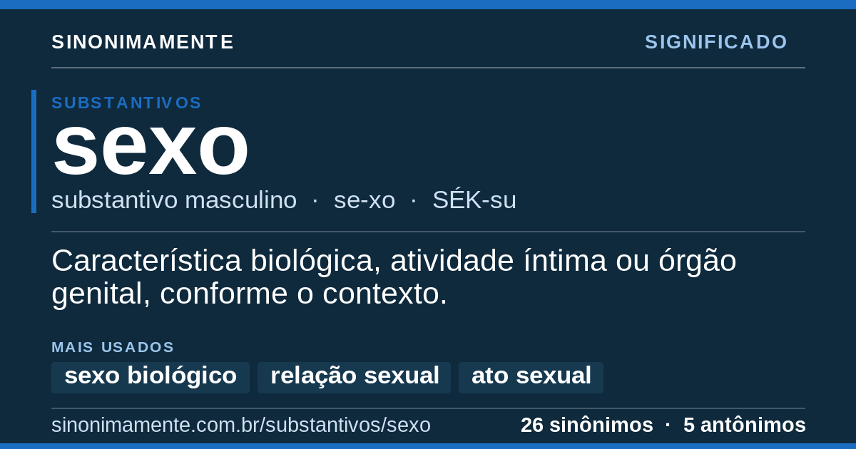 Significado de sexo: cartão do verbete com 26 sinônimos