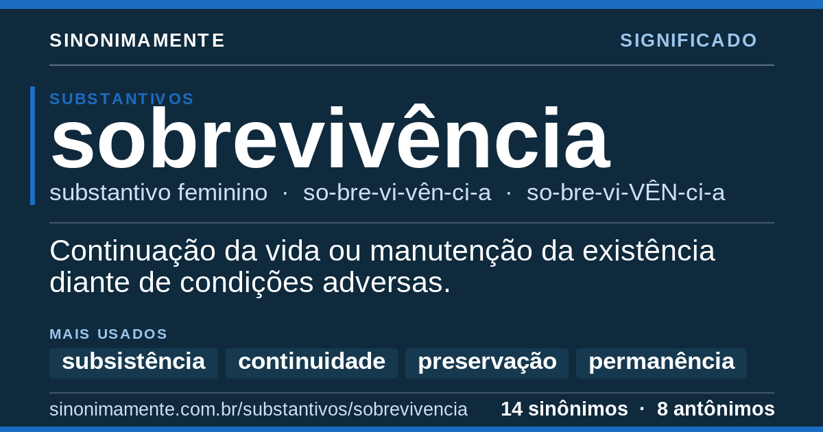 Significado de sobrevivência: cartão do verbete com 14 sinônimos