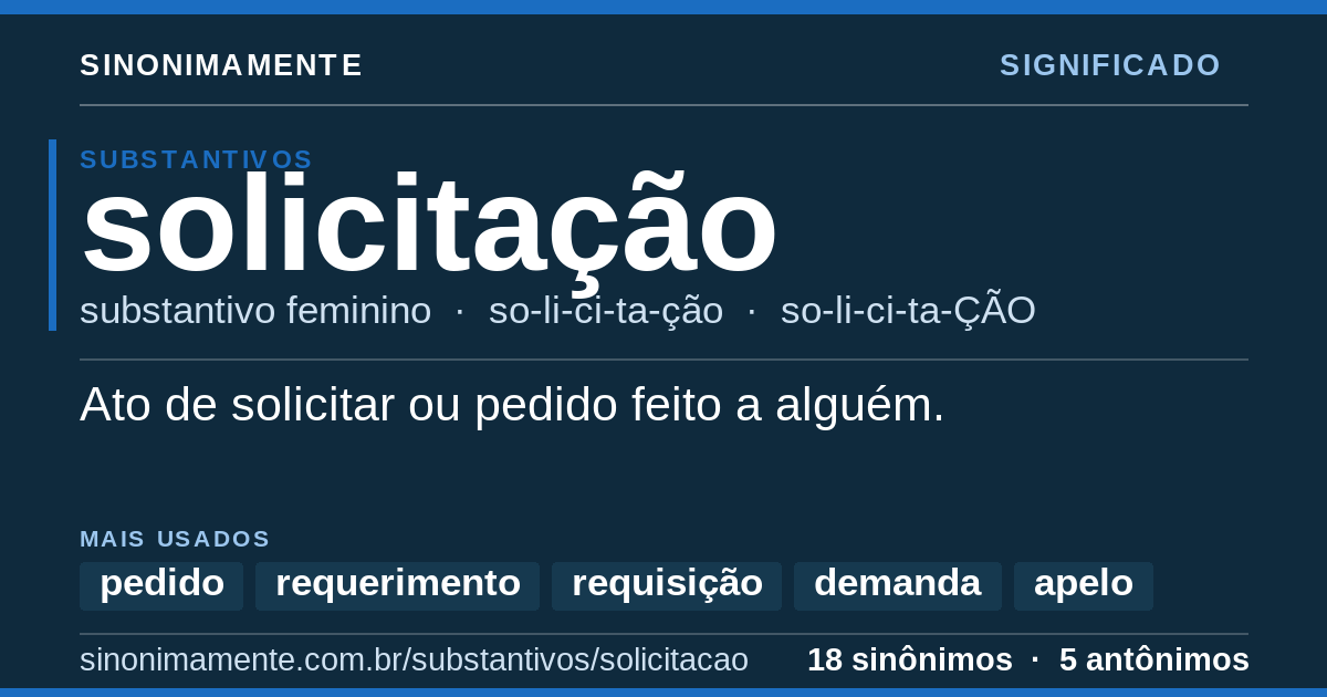 Significado de solicitação: cartão do verbete com 18 sinônimos