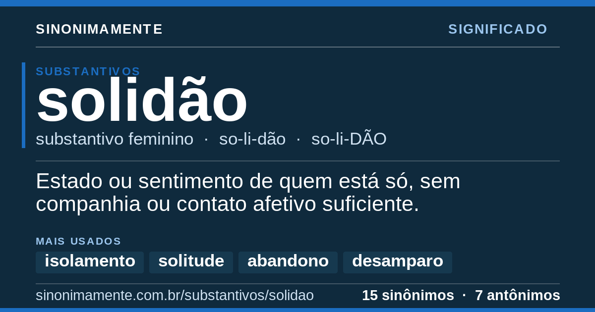 Significado de solidão: cartão do verbete com 15 sinônimos