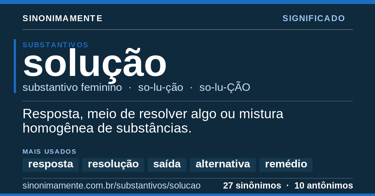 Significado de solução: cartão do verbete com 27 sinônimos